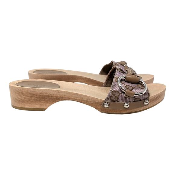 Vintage Gucci Horsebit Wood Clog Slide Flat Sandal GG Monogram Beige Pink 36.5 - Picture 3 of 12